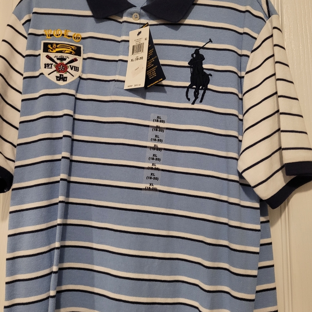NWT- Polo Ralph Lauren Blue and White Striped Polo Shirt Boys Size 18-20 - Picture 2 of 9